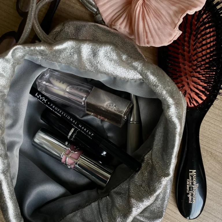 Favorite Lip products (Fenty lip gloss, Clinique Almost Lipstick, NYX lip liner, YSL Loveshine, MAC Lusterglass lipstick ) in a bag