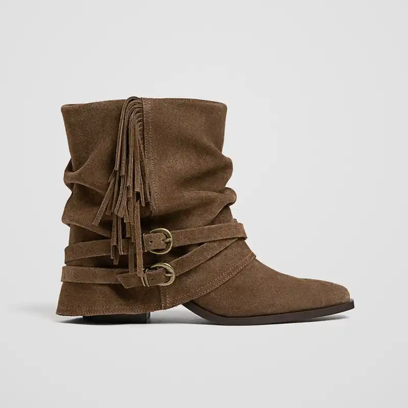 Cowboy Style Leather Ankle Boots With Fringes Stradivarius