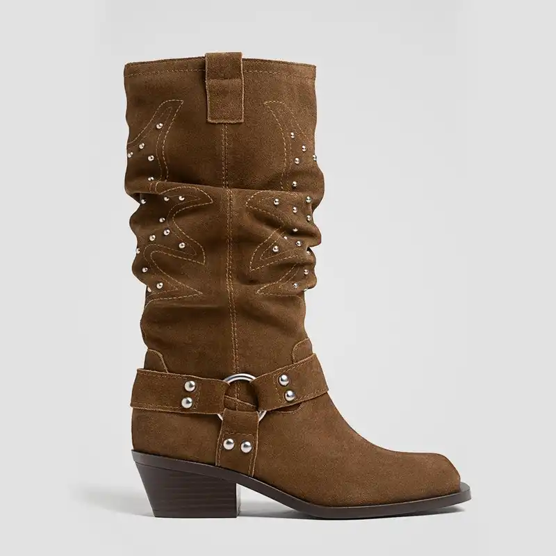 Stradivarius Western Style Leather Boots With Rivets